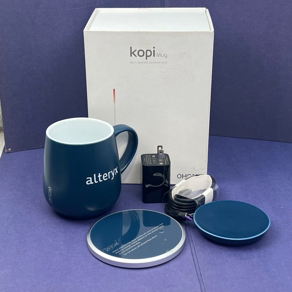 OHOM Kopi Self Heating Ceramic Mug Alteryx Blue Warmer Charger Complete Box